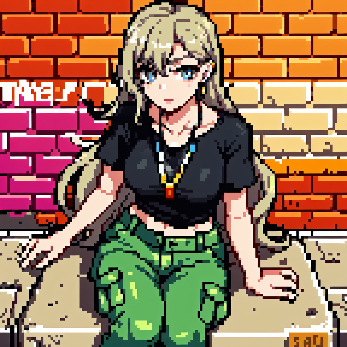 French girl,grey blonde hair(very long hair, curly_hair),hiphop dancer,wearing all black clothes (short sleeves loose fit top and cargo pants),sneakers, sitting at red brick wall(graffiti ),accessories(necklace,ear_rings),Best Quality, 32k, photorealistic, ultra-detailed, finely detailed, high resolution, perfect dynamic composition, beautiful detailed eyes, sharp-focus, cowboy_shot, 