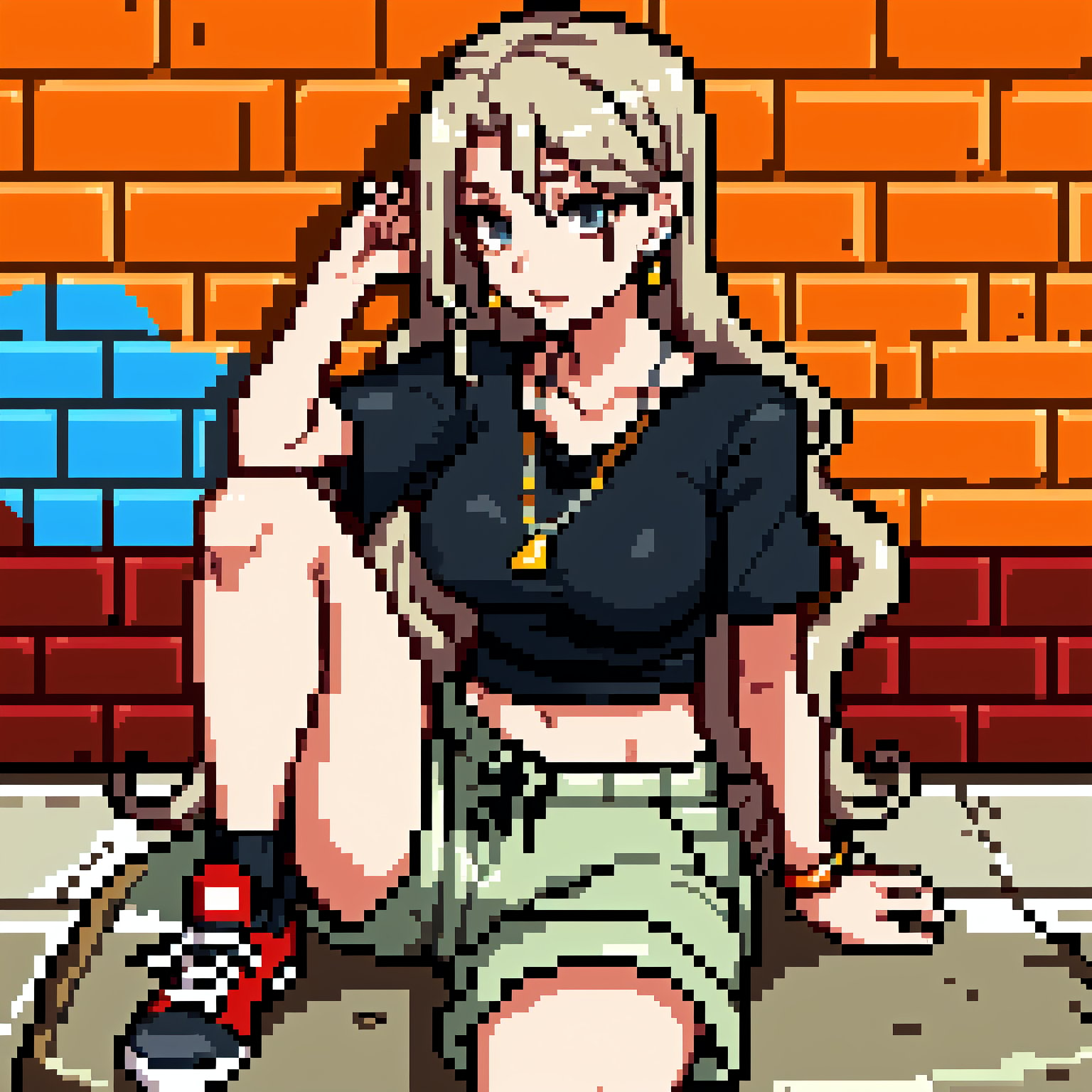 French girl,grey blonde hair(very long hair, curly_hair),hiphop dancer,wearing all black clothes (short sleeves loose fit top and cargo pants),sneakers, sitting at red brick wall(graffiti ),accessories(necklace,ear_rings),Best Quality, 32k, photorealistic, ultra-detailed, finely detailed, high resolution, perfect dynamic composition, beautiful detailed eyes, sharp-focus, cowboy_shot, 