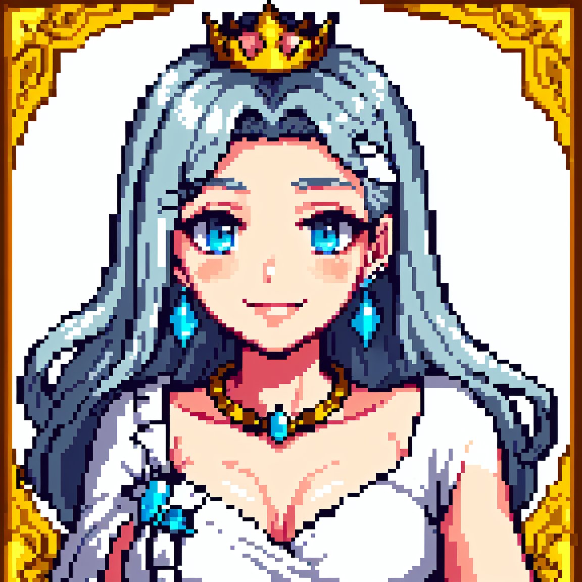 Very beautiful and charming girl, tender smile, silver long hair. She wears a very fancy and chaste princess outfit (Beautiful and elegant princess dress, silver tiara, elengat golden hairpin, beatiful earrings, elegant jewelry). Beautiful skin. Beautitul and detailed eyes. cyan eyes. Her eyes shine, her hair looks nice and shines too. Himecut hairstyle, golden earrings, shining golden hairpin. She's walking in the palace. Sunny day. That feminine beauty is present in her.