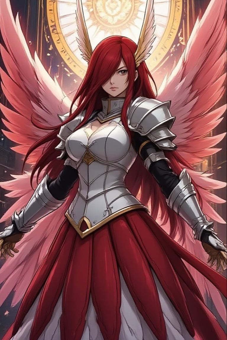 Anime, a female angel in the armor, huge feather wings, artistic posing, petals, intricate carving, fur trim, bokeh, ultra sharp, kaleidoscope, best quality, hyper detailed, light from above, gradient light, (epic:1.2), light from above, light on face, reflective, Ezra Scarlet