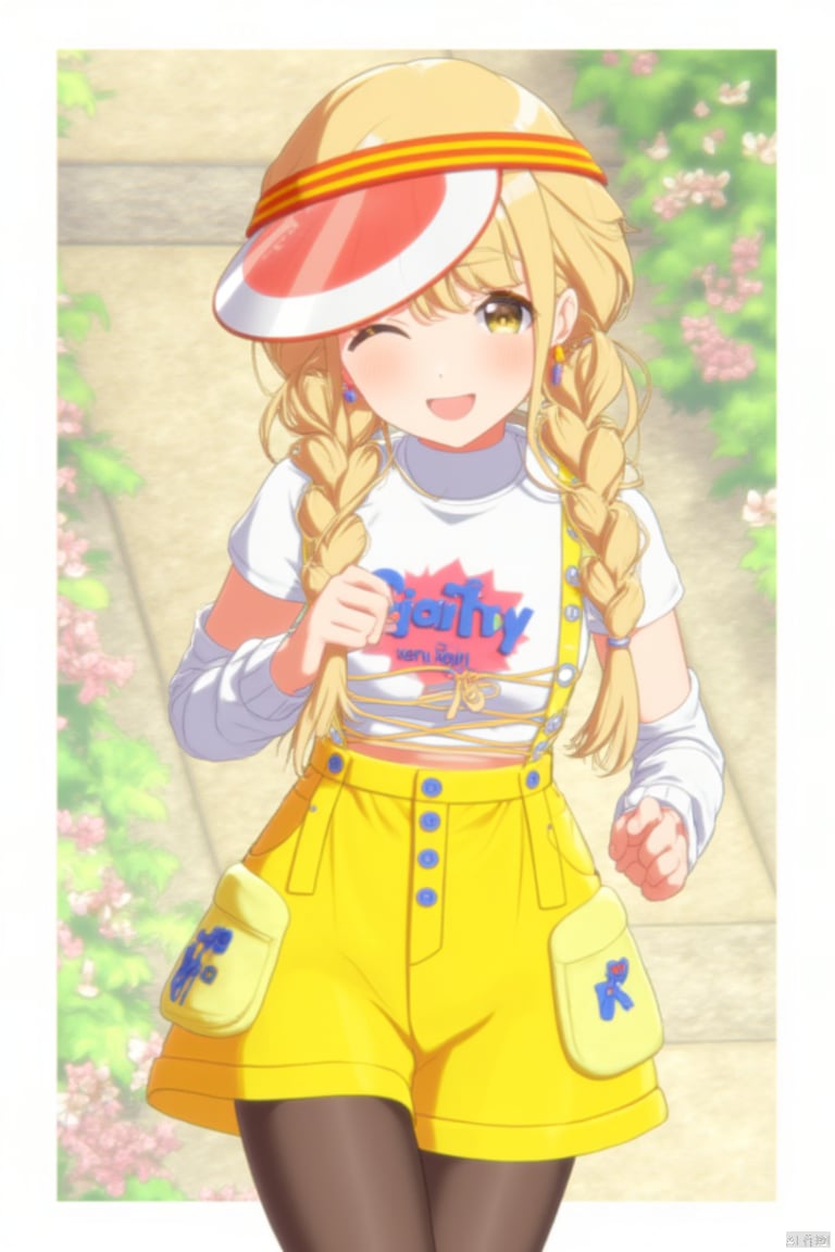 1girl, kotone fujita,4th clothes,yellow skirt,striped hat,braid,yellow hair,masterpiece,bset quality,run,garden