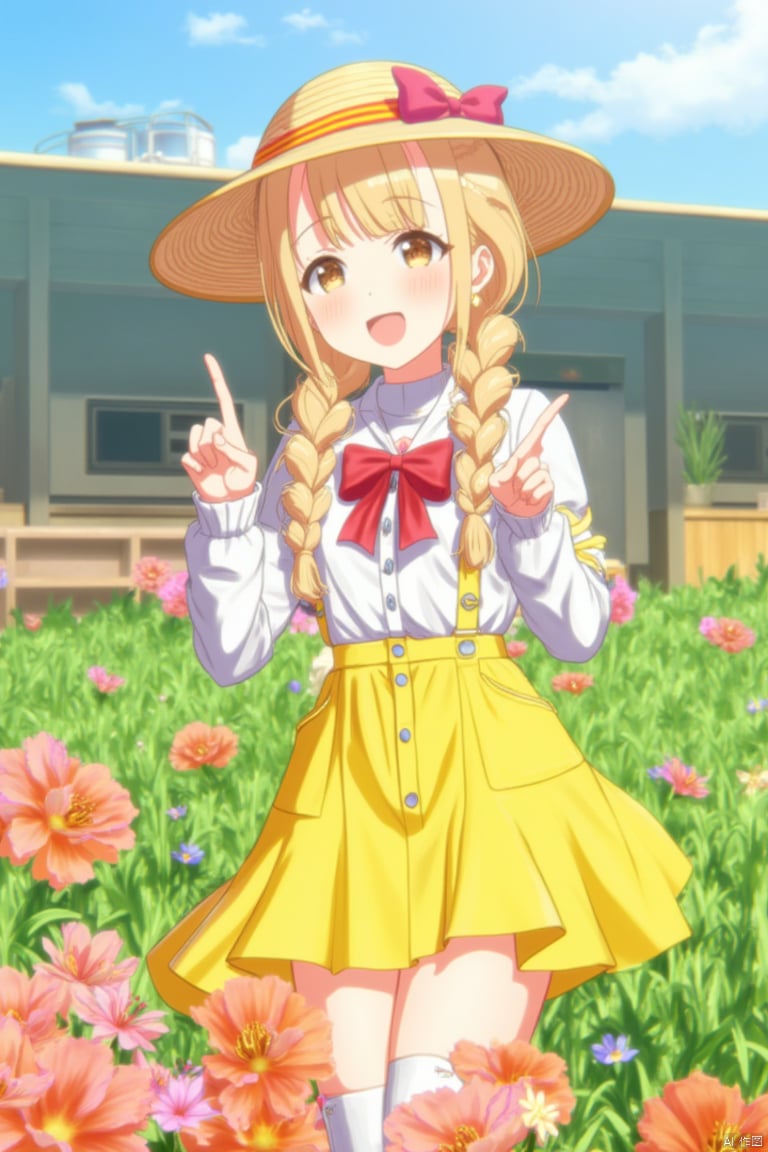 1girl, kotone fujita,4th clothes,yellow skirt,striped hat,braid,yellow hair,masterpiece,bset quality,singing,garden,stage,impasto,oil painting,detailed,8k,flowers