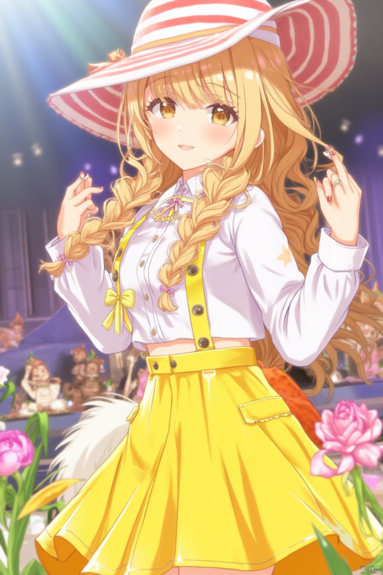 1girl, kotone fujita,4th clothes,yellow skirt,striped hat,braid,yellow hair,masterpiece,bset quality,singing,stage,impasto,oil painting,detailed,8k,flowers