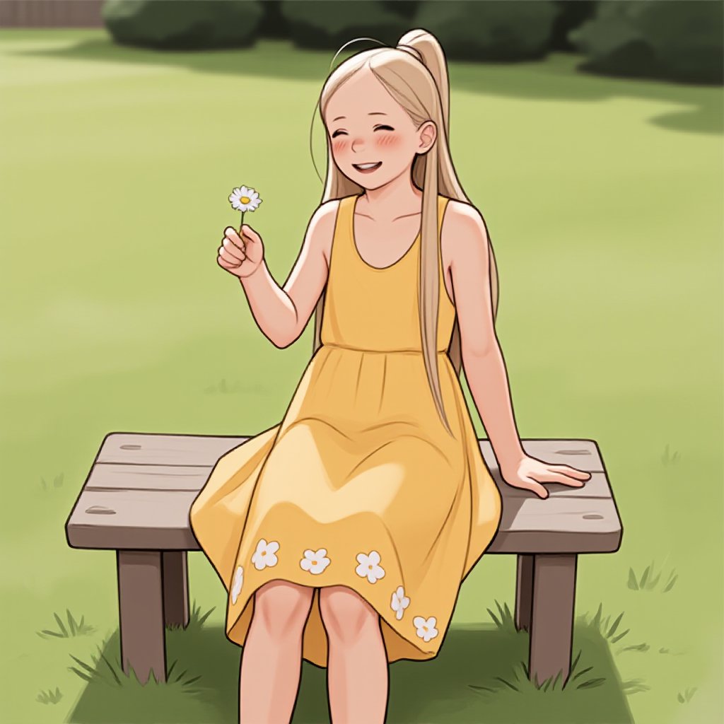 luimi,A young girl sitting on a worn wooden bench in a lush green meadow, her blonde hair tied back in a ponytail, wearing a bright yellow sundress with white flowers embroidered along the hem, gazing down at a small, delicate daisy in her hand, sunlight casting a warm glow on her smiling face.