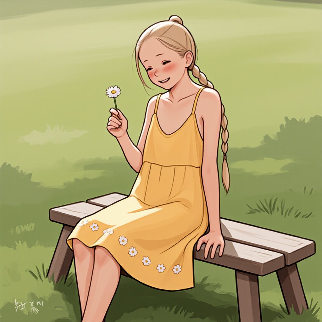 luimi,A young woman sitting on a worn wooden bench in a lush green meadow, her blonde hair tied back in a ponytail, wearing a bright yellow sundress with white flowers embroidered along the hem, gazing down at a small, delicate daisy in her hand, sunlight casting a warm glow on her smiling face.