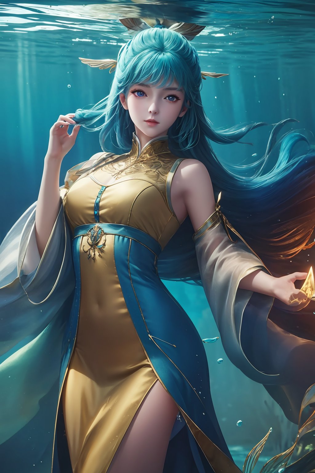 masterpiece,best quality,official art,extremely detailed CG unity 8k wallpaper,
  looking at viewer,
looking at viewer,underwater,
,1girl,stand,
stand,stand,

blue hair,



looking at viewer,
