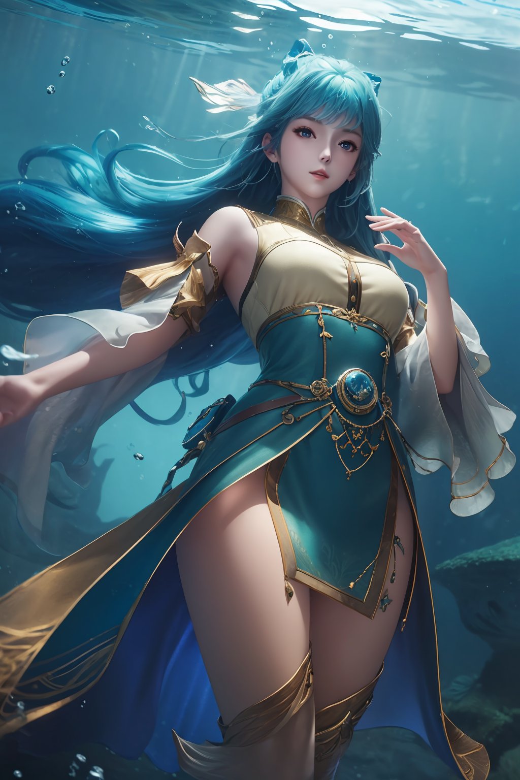 masterpiece,best quality,official art,extremely detailed CG unity 8k wallpaper,
  looking at viewer,
looking at viewer,underwater,
,1girl,stand,
stand,stand,
Above the waist,Thigh exposed,
blue hair,dynamic pose, dynamic angle,



looking at viewer,
