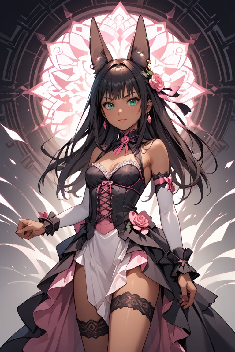 score_9,score_8_up,score_7_up,score_6_up,score_5_up,score_4_up,source_anime,BREAK masterpiece, concept art, medium shot, centered,kalithna, jackal ears, dark skin, black hair, long hair, bang, jade green eyes, intricate accessories, shy, (stylish white and pink gothic Lolita outfit), busy Shibuya Street background, volumetric lighting, epic composition, epic proportion, HD