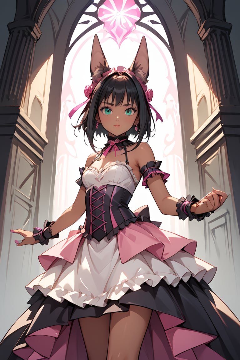 score_9,score_8_up,score_7_up,score_6_up,score_5_up,score_4_up,source_anime,BREAK masterpiece, concept art, medium shot, centered,kalithna, jackal ears, dark skin, black hair, jade green eyes, intricate accessories, shy, (stylish white and pink gothic Lolita outfit), busy Shibuya Street background, volumetric lighting, epic composition, epic proportion, HD