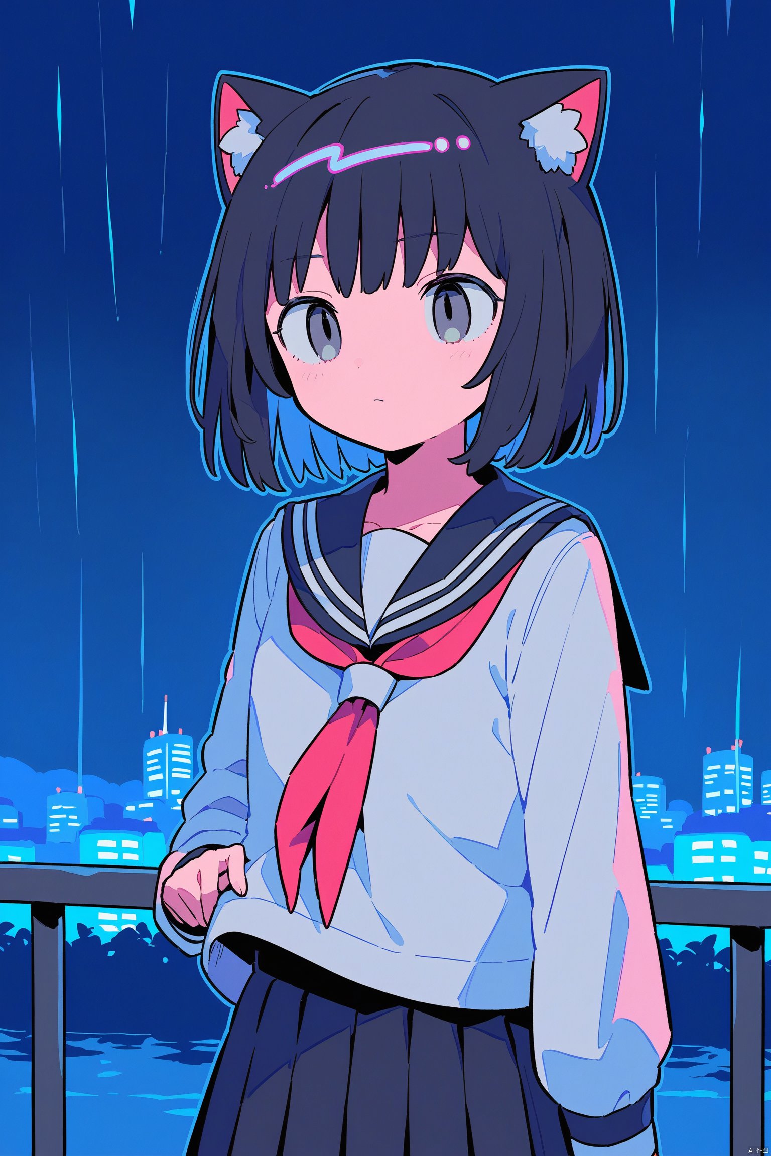 animal_ears, 1girl, black_hair, sailor_collar, solo, short_hair, cat_ears, school_uniform, serafuku, black_sailor_collar, upper_body, rain, shirt, white_shirt, long_sleeves, night, closed_mouth, scenery, bangs