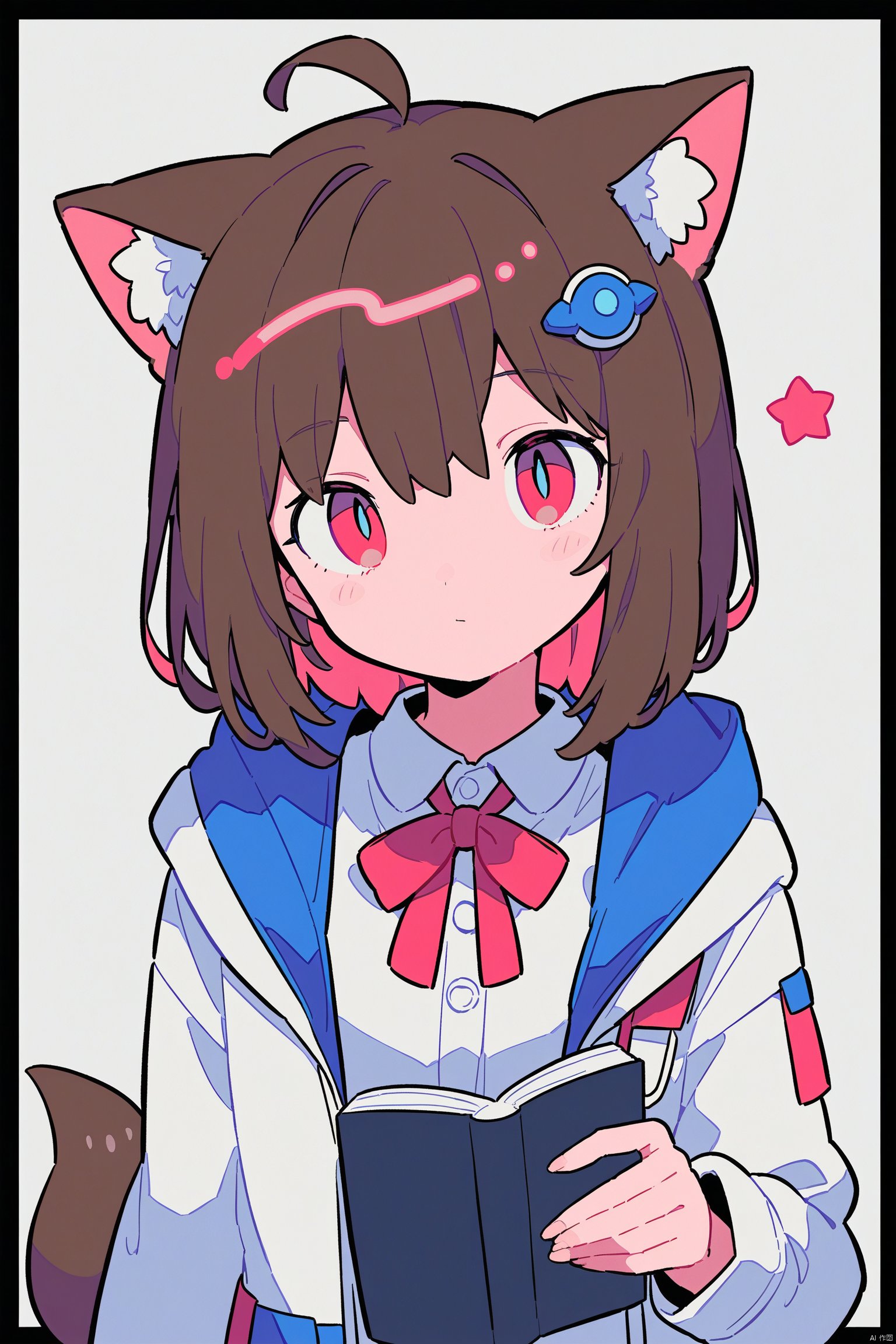 1girl, solo, looking at viewer, blush, bangs, simple background, brown hair, shirt, hair ornament, red eyes, white background, animal ears, hair between eyes, closed mouth, jacket, tail, upper body, ahoge, multicolored hair, open clothes, collared shirt, hood, grey background, star \(symbol\), open jacket, animal ear fluff, book, white jacket, hood down, hooded jacket, two-tone background,Headshots, Close-ups, Elevation, Fisheye views