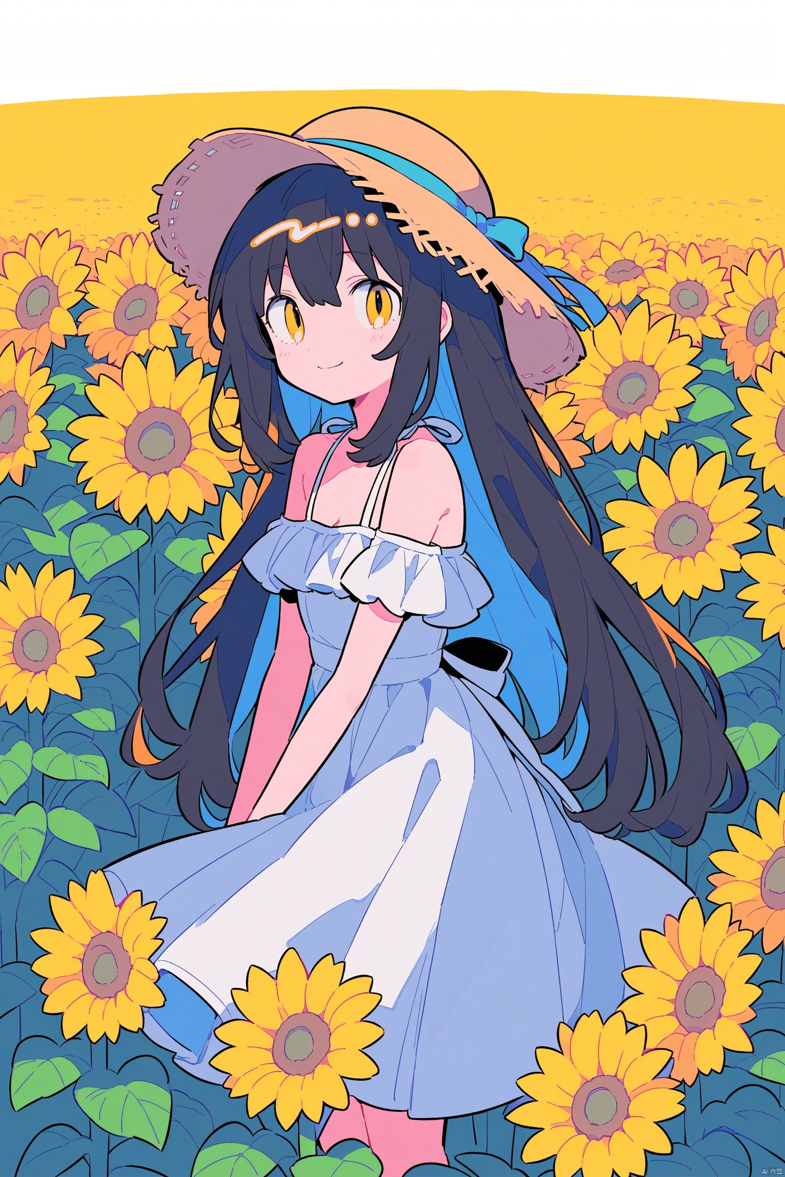 Two-dimensional anime style, a girl with long black straight hair and big shiny eyes, wearing an off-shoulder ruffled white dress, ribbons, bows, and a straw hat with floral ornaments, showing a sly smile, leaning her body slightly, four Fifteen degrees side view. The scene is in the sunflower field, the sun is shining brightly