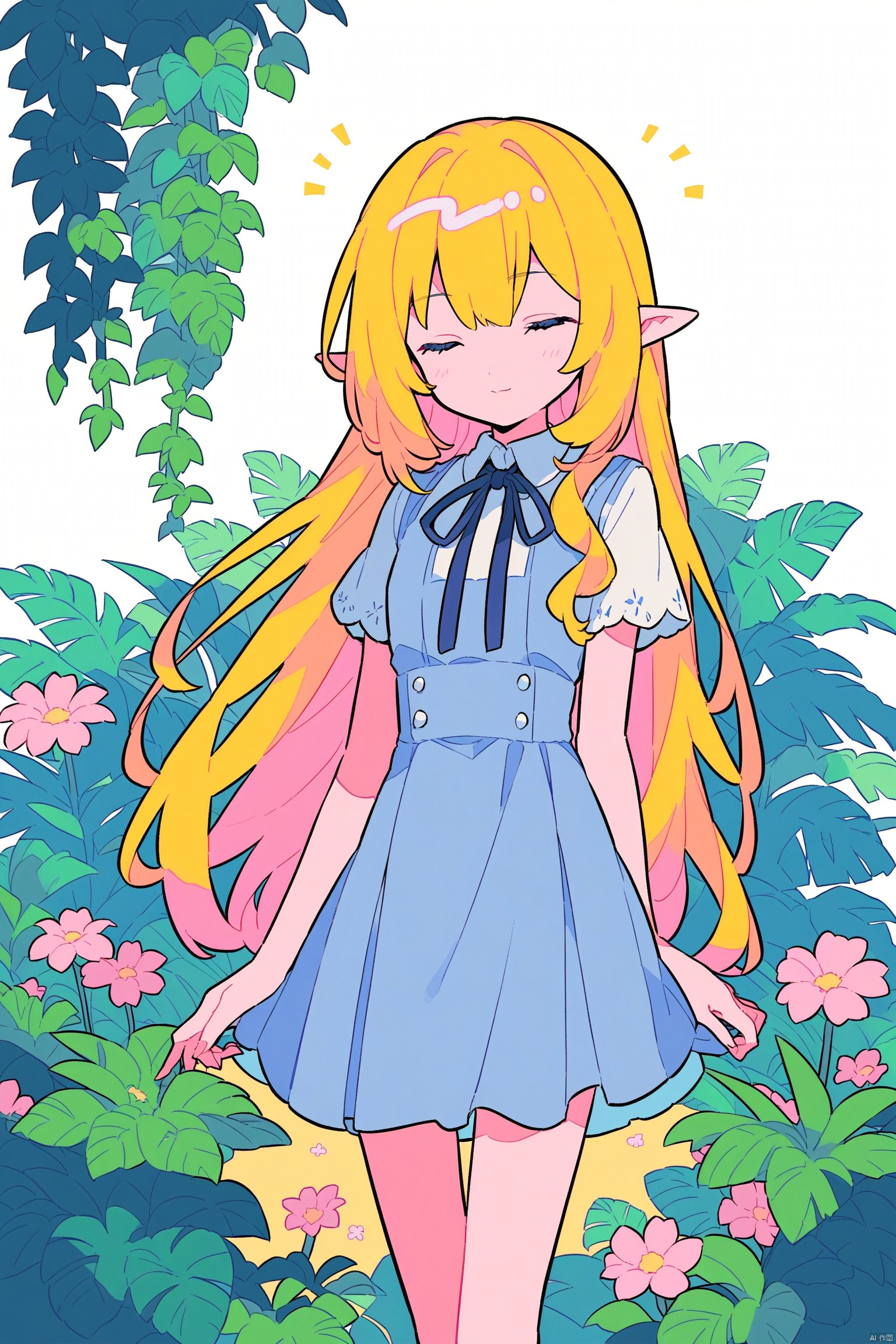 1girl, closed_eyes, dress, flower, long_hair, plant, pointy_ears, ribbon,