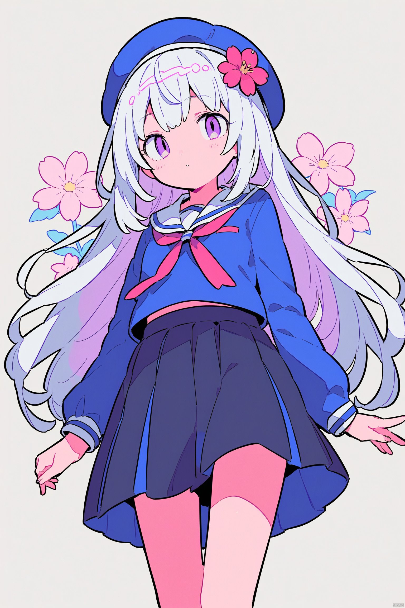 1girl, solo, long hair, school uniform, hat, purple eyes, flower, tomoeda elementary school uniform, skirt, serafuku, hair flower, hair ornament, white hair, beret, pleated skirt, sketch, looking at viewer