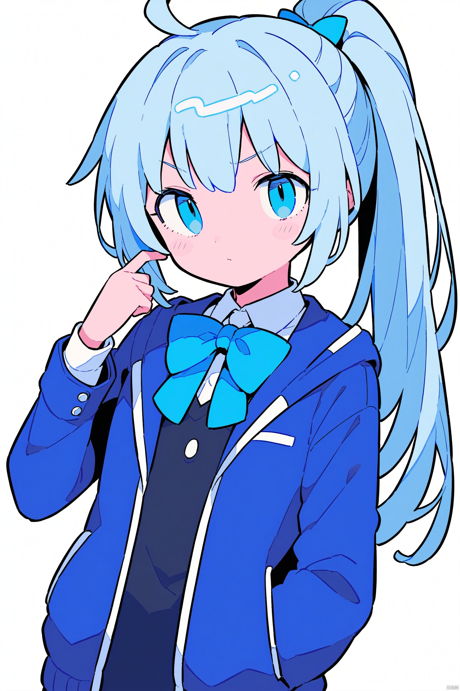 1girl, solo, long hair, looking at viewer, blush, bangs, blue eyes, simple background, shirt, long sleeves, white background, bow, closed mouth, blue hair, jacket, monochrome, upper body, ponytail, ahoge, collared shirt, bowtie, open jacket, v-shaped eyebrows, blue bow, blue jacket, blue theme, hands in pockets