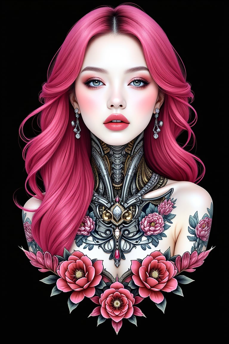 Futuristic Mechanical Elegance T-shirt design cyberpunk art, cute girl beautiful LADY, WHITE face, half body ILLUSTRATION with robotic steampunk design for old-school style tattoos, PINK HAIR, black BACKROUND, logo type , centred isometric,luxury style