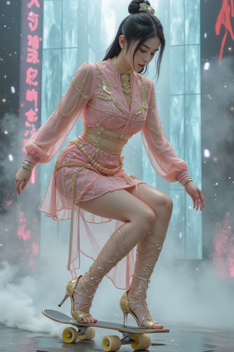 A futuristic skateboarding girl, adorned with gleaming gold ornaments, navigates a misty, glitch-ridden backdrop. Inspired by Marvel's sci-fi realms, she rides her board amidst swirling ink and watercolor textures. The scene is bathed in an ethereal glow, with neon hues bleeding into the digital noise. Highly detailed, this interactive image blends the styles of Clayton Crain, Ross Tran, Rachel Walpole, Jeszika Le Vye, Dan Volbert, Simon Stalenhag, and Brian Stelfreeze.,High heels and hot body,Perfect fashion