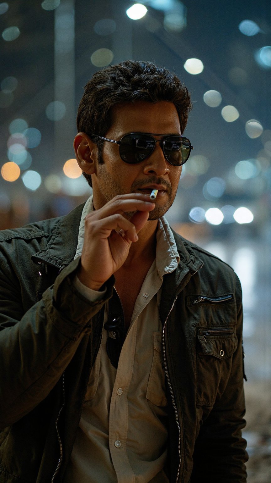 a photo of a 32 year old maheshbabu in an adventure costume, Jack Ryan costume, cinematic lighting, sunglasses, smoking a ciagarette, full body shot, DSLR quality