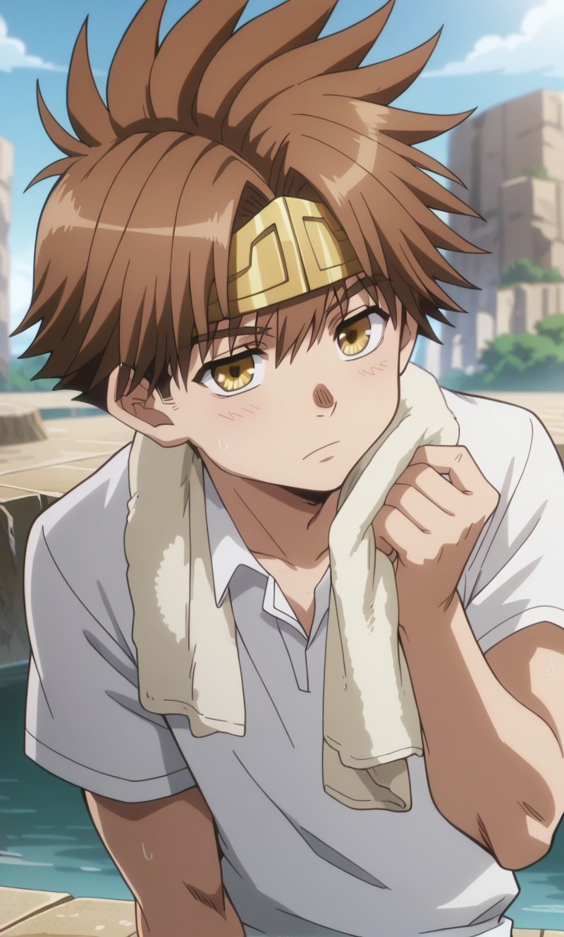 score_9,score_8_up, anime screencap, masterpiece, best quality, best aesthetics, perfect anatomy, perfect proportions, perfect eyes, high resolution, good colors, bright skin , good shading, countershading, well detailed background, teenage, 1boy, solo, male focus, Goku_saiyuki, brown hair, yellow eyes, spiked hair, headband, white collared shirt, short sleeves, towel around neck, sweat, wiping sweat