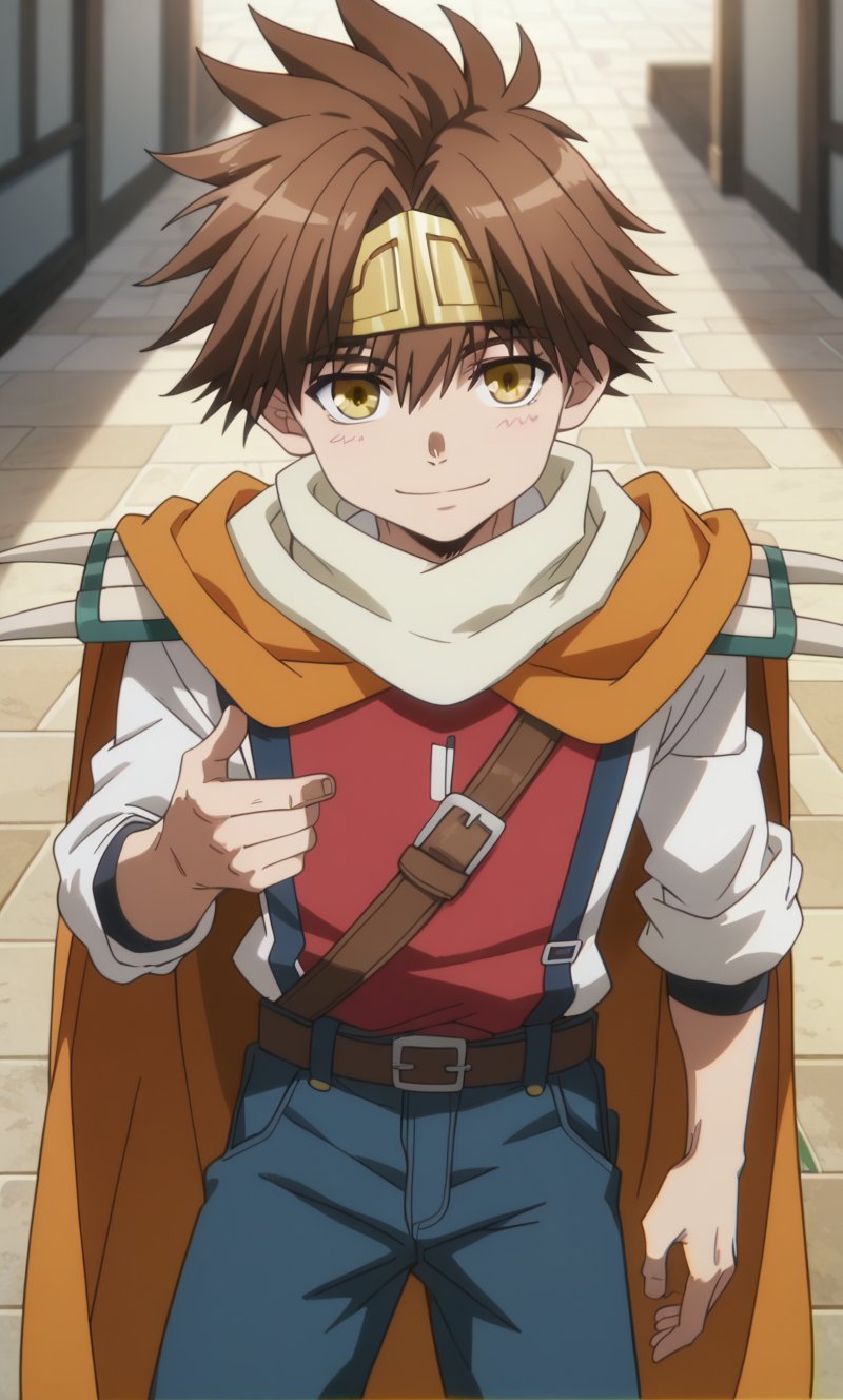 score_9,score_8_up, anime screencap, masterpiece, best quality, best aesthetics, perfect anatomy, perfect proportions, perfect eyes, high resolution, good colors, bright skin , good shading, countershading, well detailed background, teenage, 1boy, solo, male focus, Goku_saiyuki, brown hair, yellow eyes, spiked hair, headband, white collared shirt, looking at viewer, smile, white scarf, orange cape, shoulder pad