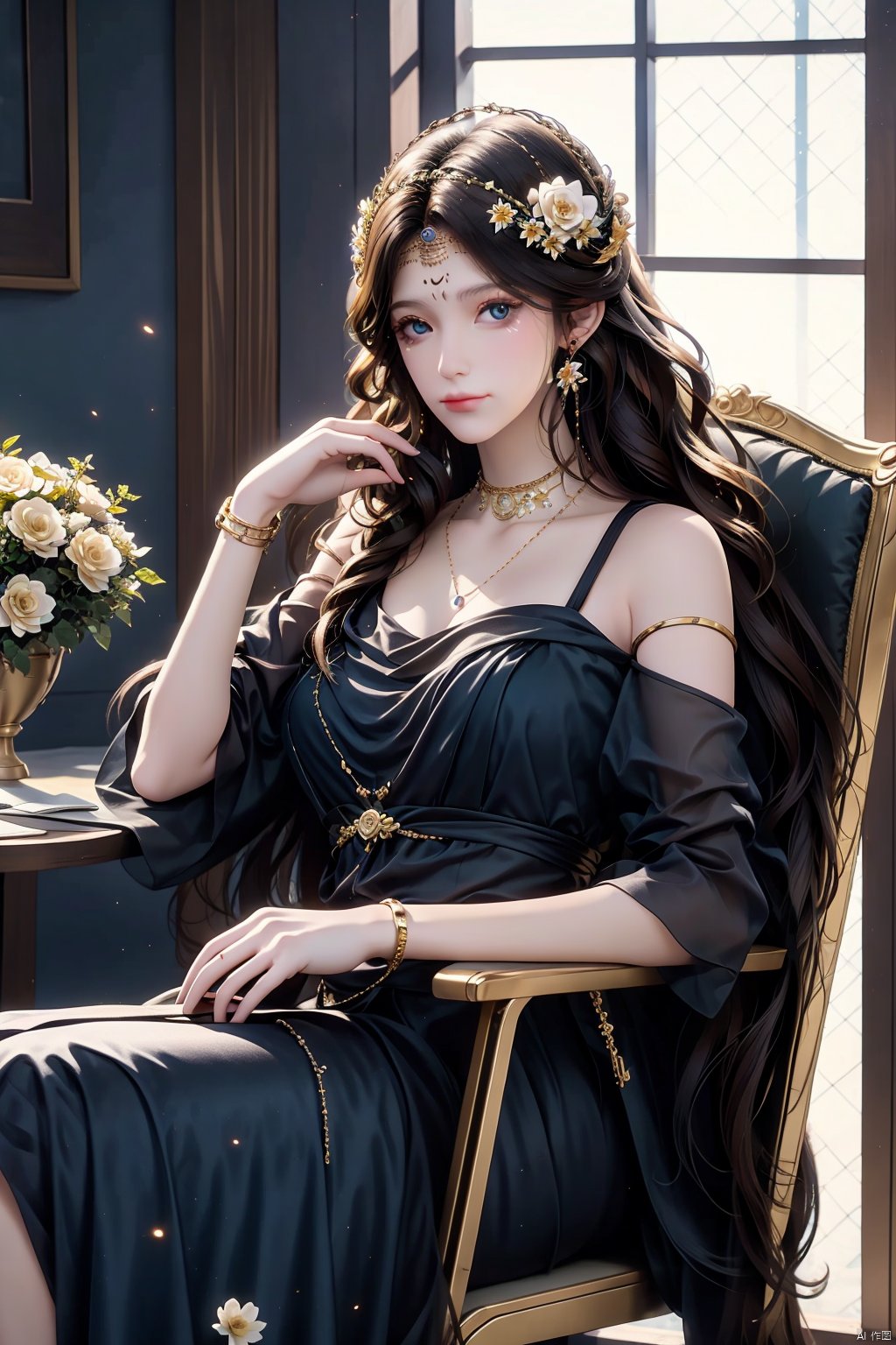 1girl, solo, long hair, looking at viewer, blue eyes, brown hair, hair ornament, dress, bare shoulders, jewelry, sitting, very long hair, closed mouth, flower, earrings, indoors, hand up, hair flower, necklace, black dress, bracelet, lips, book, window, chair, white flower, circlet, vase