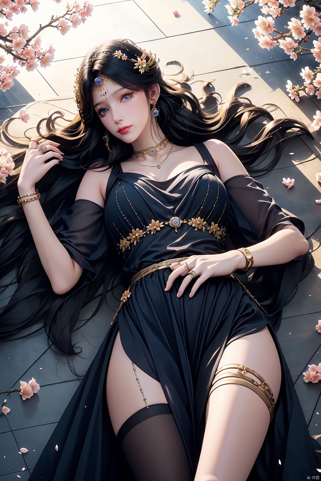 1girl, solo, long hair, breasts, looking at viewer, blue eyes, black hair, dress, jewelry, flower, earrings, lying, on back, necklace, black dress, bracelet, lips, petals, ring, circlet, thighlet