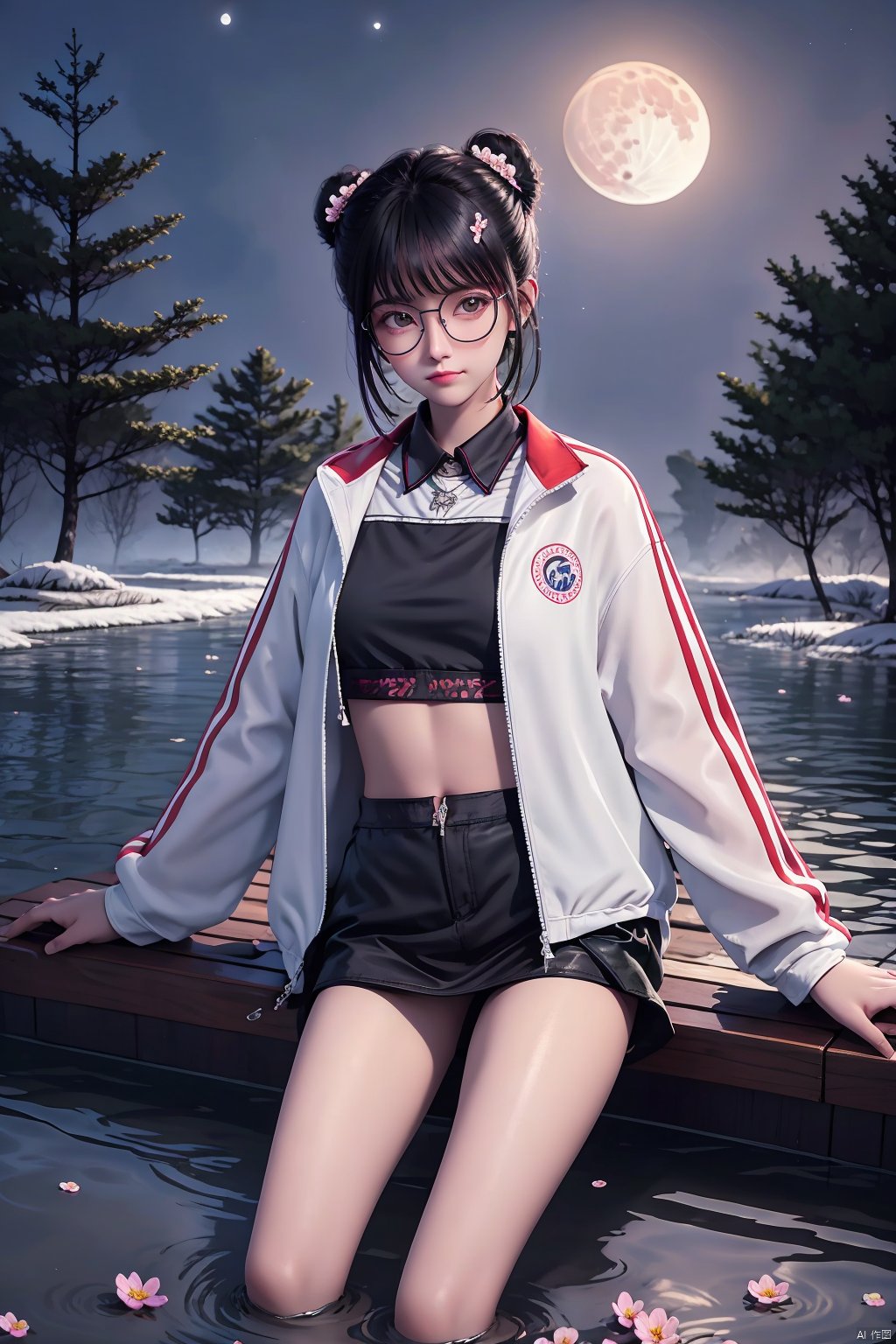 1girl, solo, looking at viewer, skirt, black hair, hair ornament, long sleeves, jacket, flower, outdoors, sky, glasses, midriff, black skirt, water, hair bun, open jacket, tree, lips, crop top, double bun, night, moon, white jacket, night sky, full moon, round eyewear, soaking feet