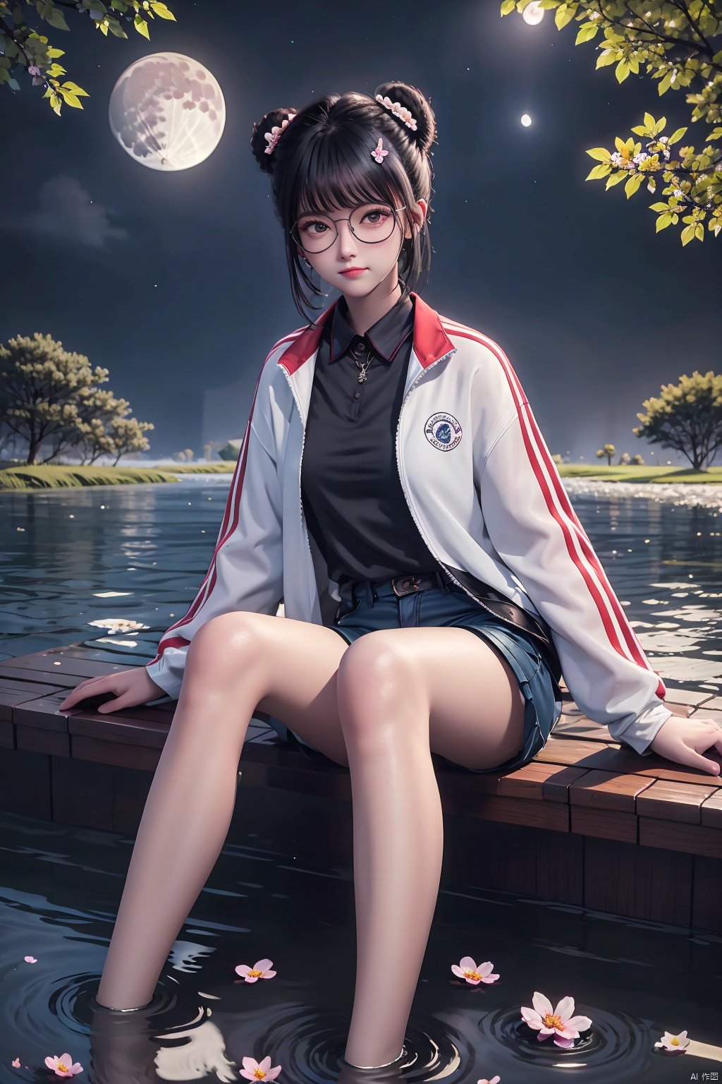 1girl, solo, looking at viewer, black hair, hair ornament, long sleeves, holding, sitting, jacket, flower, outdoors, sky, glasses, shorts, water, hair bun, bare legs, double bun, night, moon, white jacket, round eyewear, soaking feet