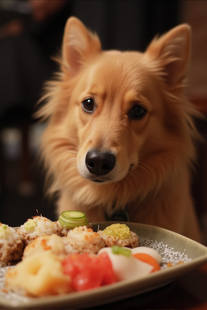 a dog eating sushi, 100NewMemories