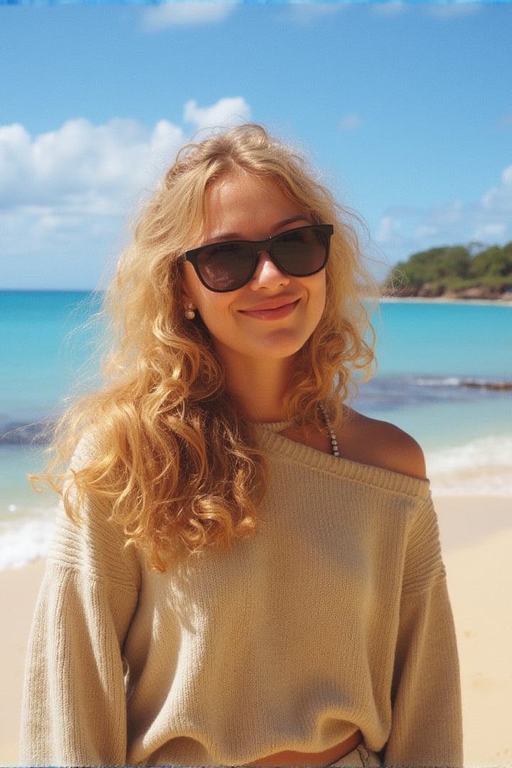 a young woman, blonde, cute smiling, wearing a sweater, glasses, hawaian beach in the background, 100NewMemories