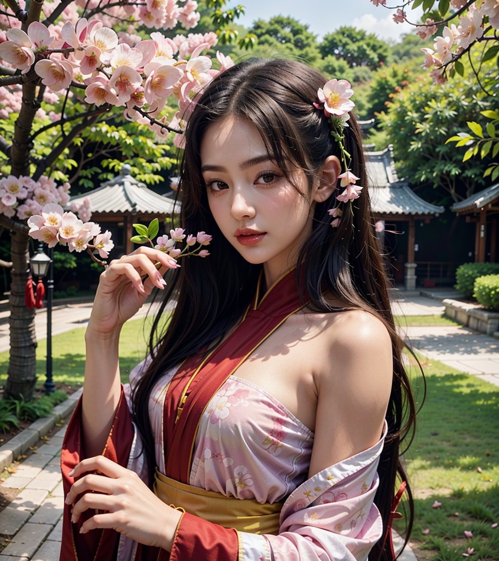 (masterpiece, top quality, best quality, official art, beautiful and aesthetic:1.2), (1girl), extreme detailed,(abstract, fractal art:1.3),highest detailed, detailed_eyes, light_particles, hanfu,jewelry, sexy, ,red,cherry blossom,The left hand's orchid fingers pinch a branch blooming with cherry blossoms,The right hand's orchid fingers lightly pinch the left sleeve