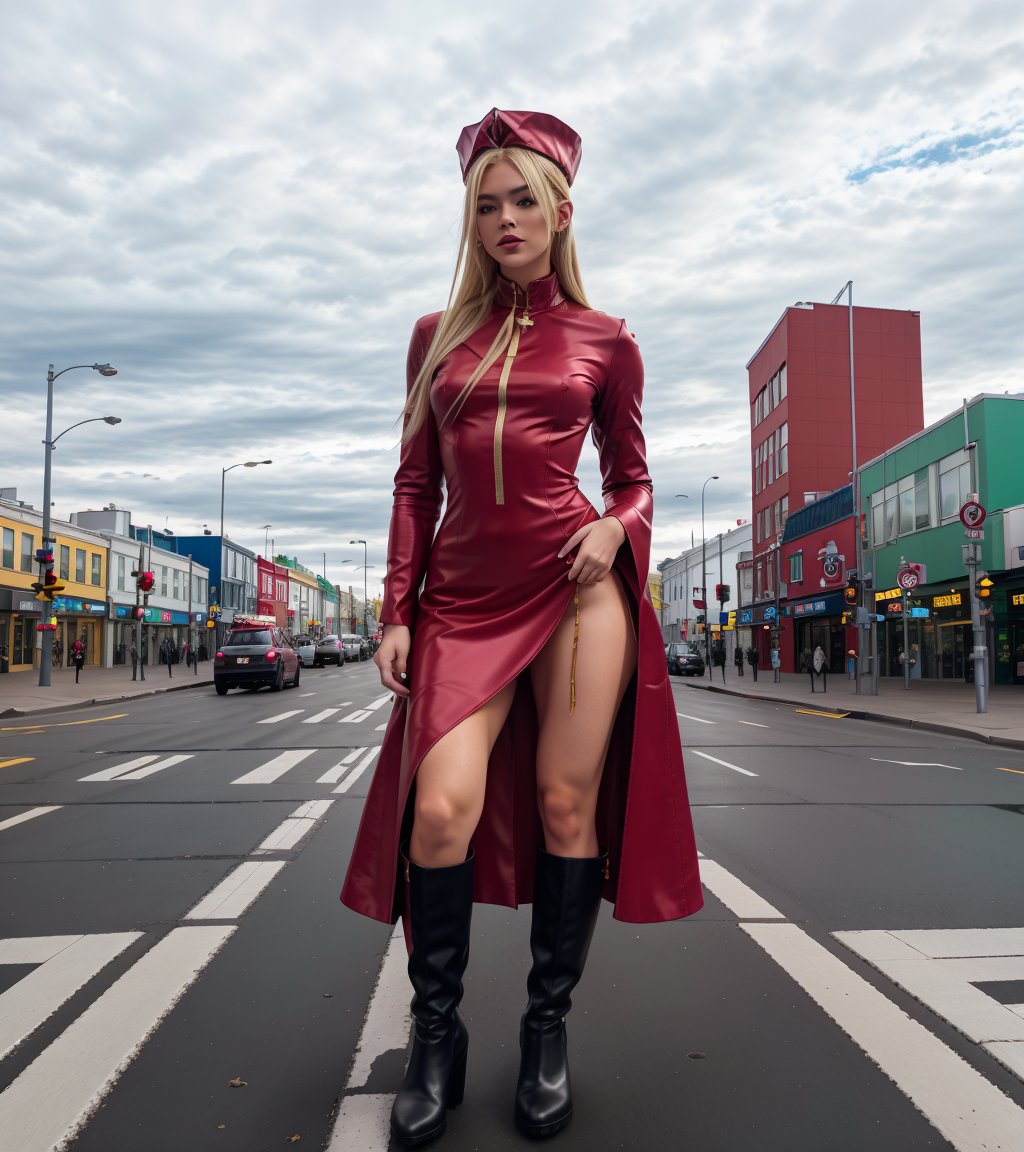 photo of a blonde high fashion Icelandic woman wearing pink haute couture, surreal :: very tall red tigh boots :: Reykjavík streets, crosswalks stripes, traffic lights, cloudy day --ar 2:3