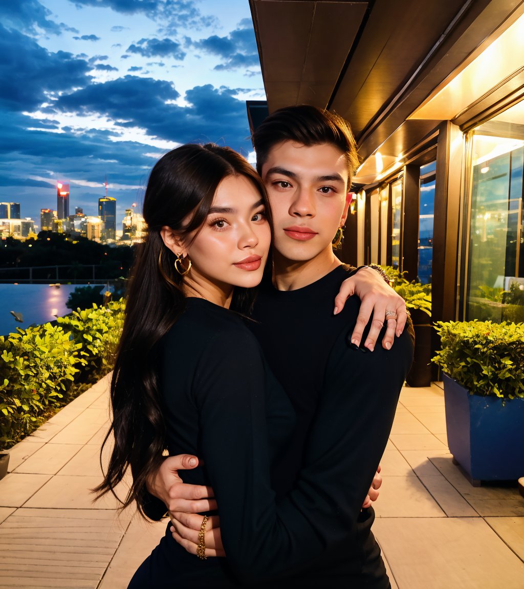 1girl, 1boy, long_hair, hug, night, black_hair, Man_hugs_girl_from_behind, shirt, hetero, looking_at_viewer, brown_hair, night_sky, couple, sky, long_sleeves, jewelry, earrings, cityscape,