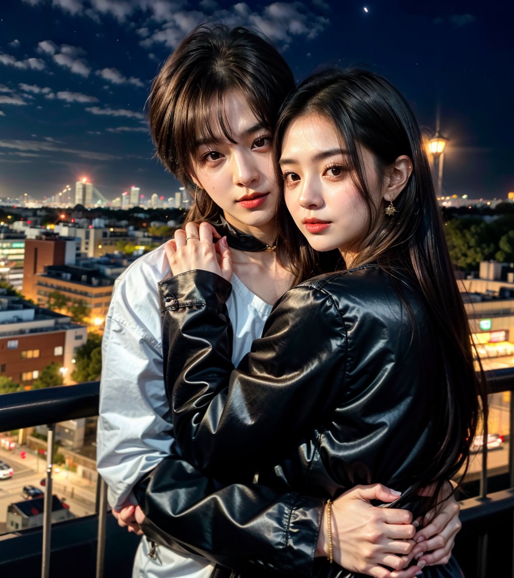 1girl, 1boy, long_hair, hug, night, black_hair, Man_hugs_girl_from_behind, shirt, hetero, looking_at_viewer, brown_hair, night_sky, couple, sky, long_sleeves, jewelry, earrings, cityscape,