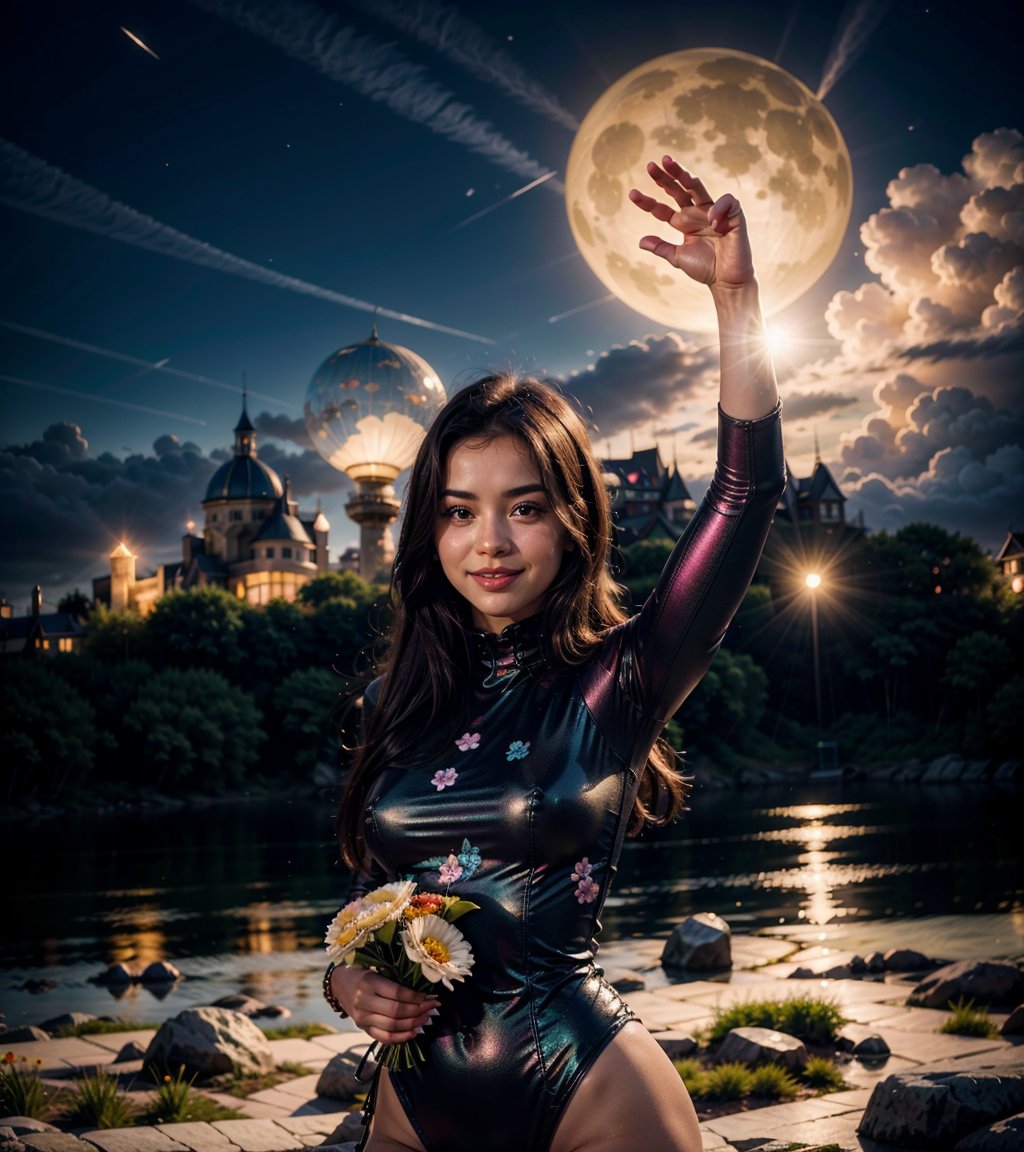 A curious girl with a bouquet of vibrant flowers stands amidst a fantastical landscape inspired by Wonderland's whimsy. In the background, a glowing alien cityscape stretches towards the sky, illuminated by an ethereal blue light. The girl's bright smile and outstretched arms seem to welcome the extraterrestrial visitors, as if showcasing her own little patch of wonder in this surreal science fiction world.