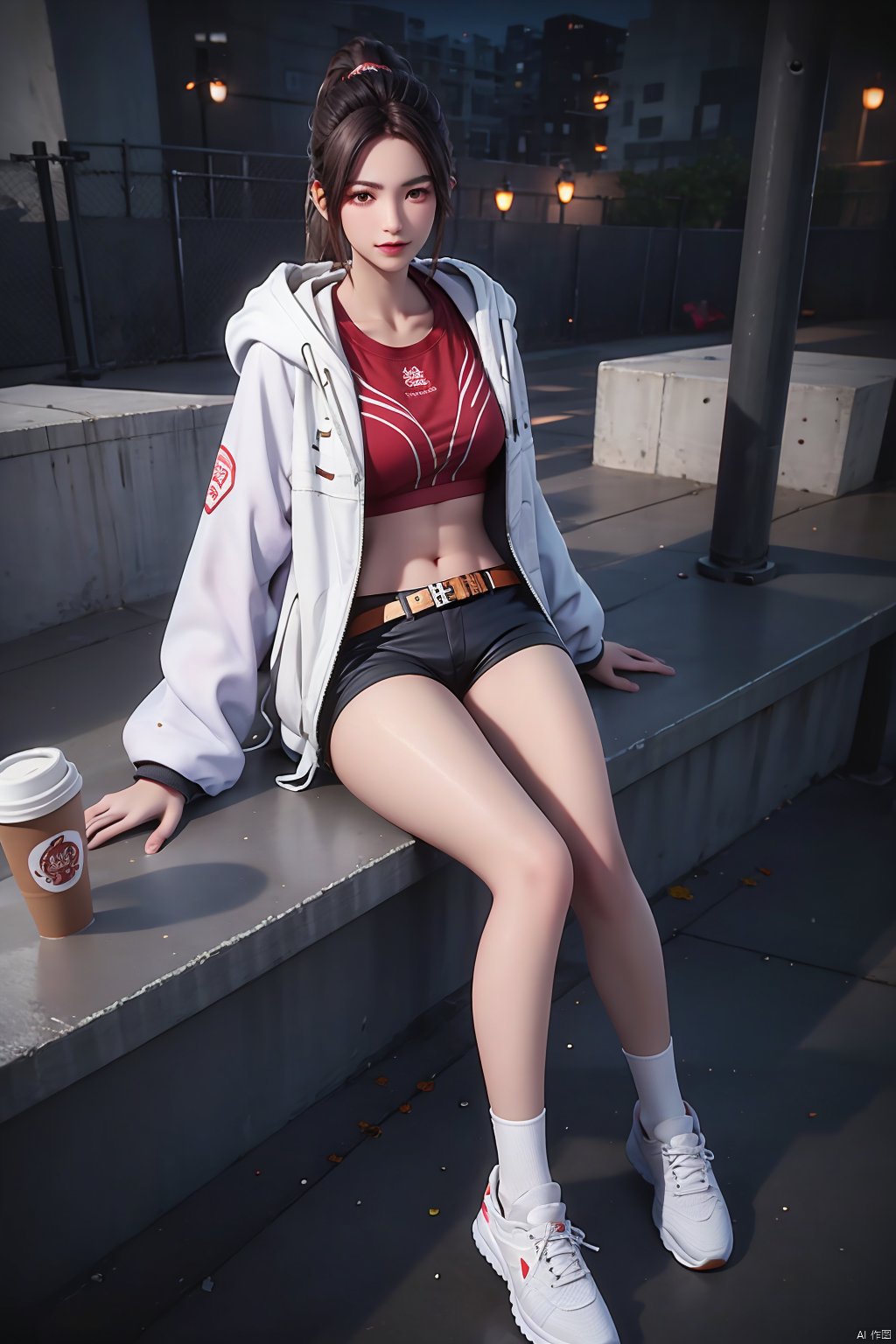 1girl, solo, breasts, looking at viewer, brown hair, shirt, long sleeves, navel, brown eyes, sitting, collarbone, jacket, full body, ponytail, outdoors, open clothes, shoes, shorts, socks, midriff, belt, hood, open jacket, cup, crop top, short shorts, hoodie, night, black shorts, white footwear, white jacket, hood down, black socks, red shirt, sneakers, hooded jacket, realistic, nose, disposable cup, white belt, coffee cup