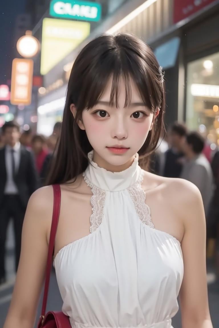 close-up, upper body, 1girl, cute, highneck, dress, street, crowd, storefront, signboard lights, night, <lora:ADetailerNetidolFace:0.5>