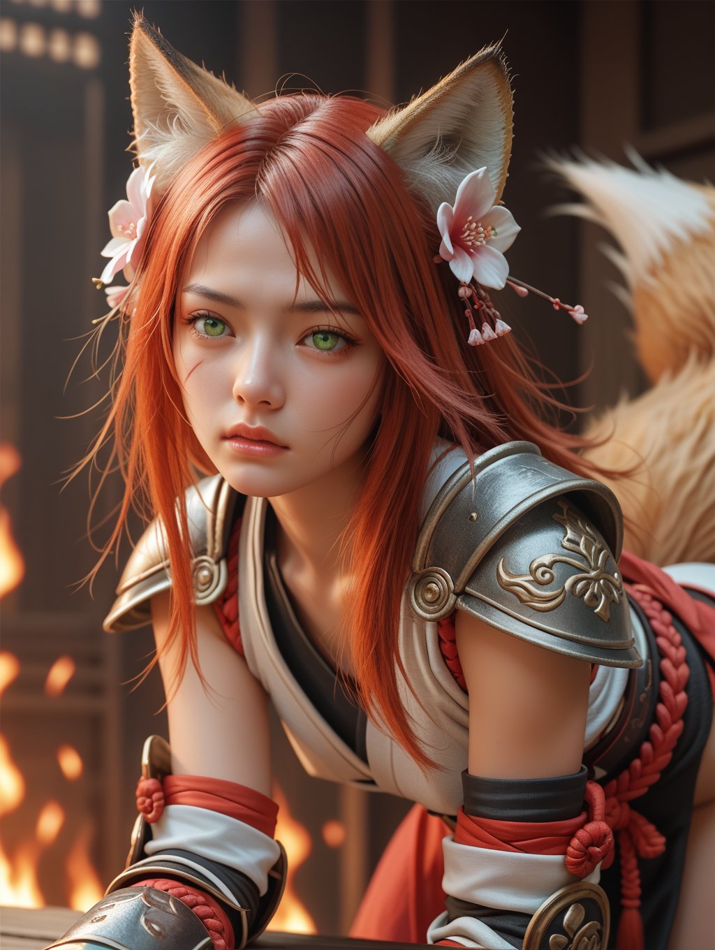 score_9, score_8_up, score_7_up,source_real,rating_explicit,BREAK1girl, red hair, green eyes, armor, hair flower, fox ears, fox tail, samurai, (detailed face and eyes:1.2) BREAK fire, bent over, 