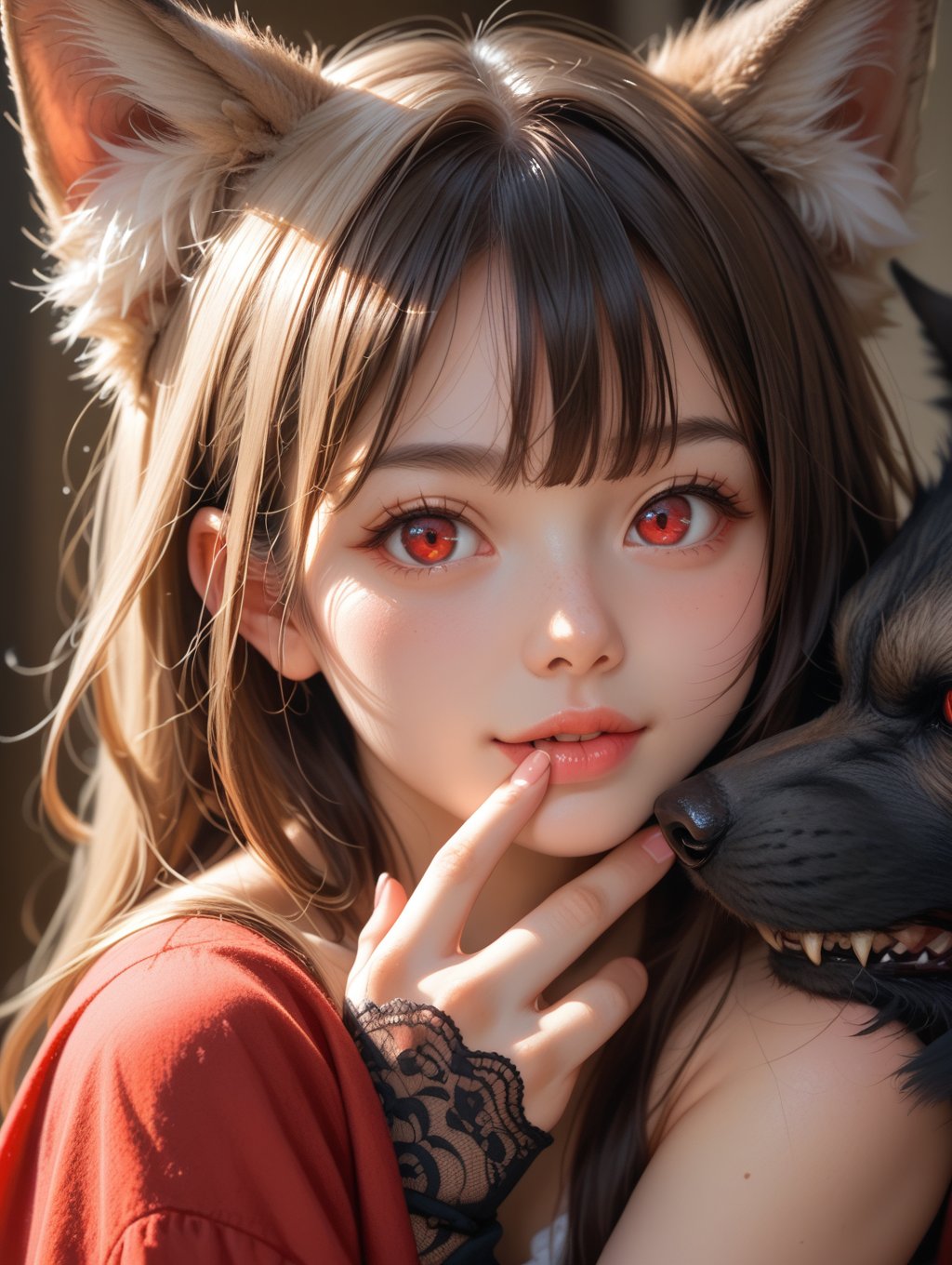 score_9, score_8_up, score_7_up,perfect eyes, kitsune, werewolf, red eyes, black skin, pretty girl, cute girl, teasing