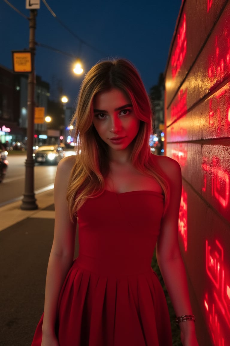 1girl in drees red happy  , night street