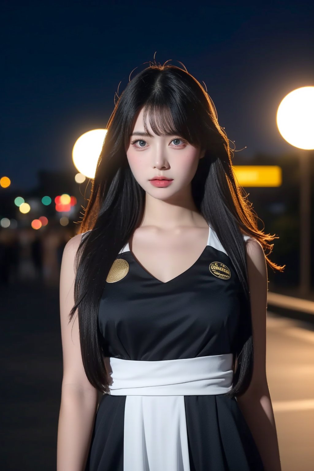 ((upper body:1.2)), nikon RAW photo,8 k, Fujifilm XT3,masterpiece, best quality, realistic, photorealistic, ultra detailed, extremely detailed face, solo,1girl, standing, fashionable and trendy atmosphere, and a stylish expression on her face, close up, black dress, walking, at the dark streets, moonrise, sleeveless, fabric clothes,