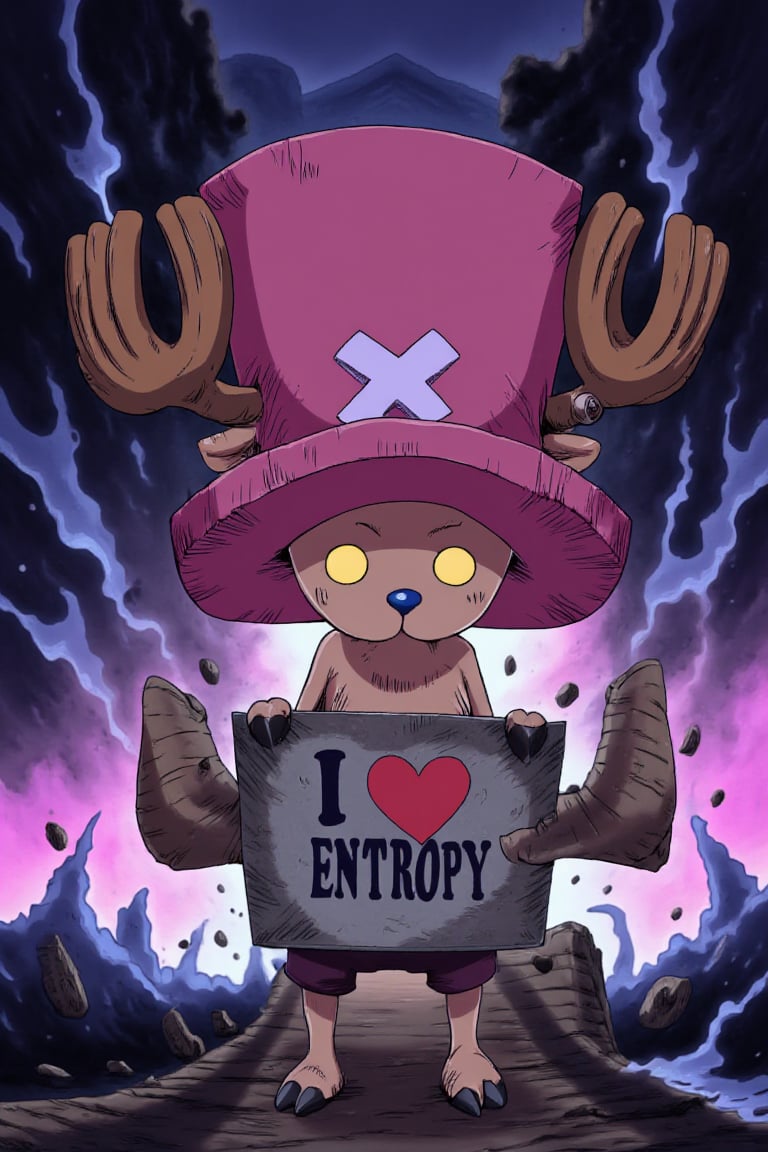 chopper with a sign that says: "I love ENTROPY", ragemode, electricity, aura, glowing eyes