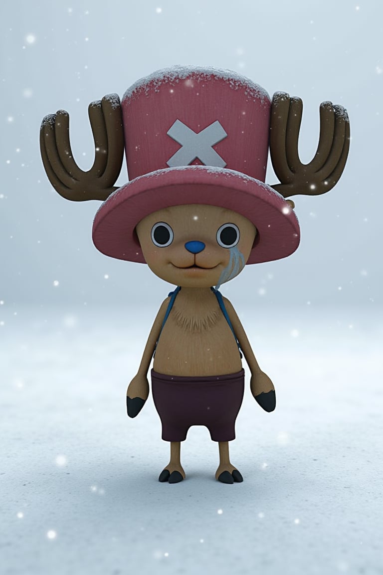 a lone figure, Chopper's youthful face contorted in sorrow, tears frozen on his cheeks as he gazes down at the ground. His iconic hat stands out against the stark white backdrop, while the dimly lit atmosphere casts an air of melancholy. Snowflakes gently fall around him, amplifying the sense of solitude.,chopper