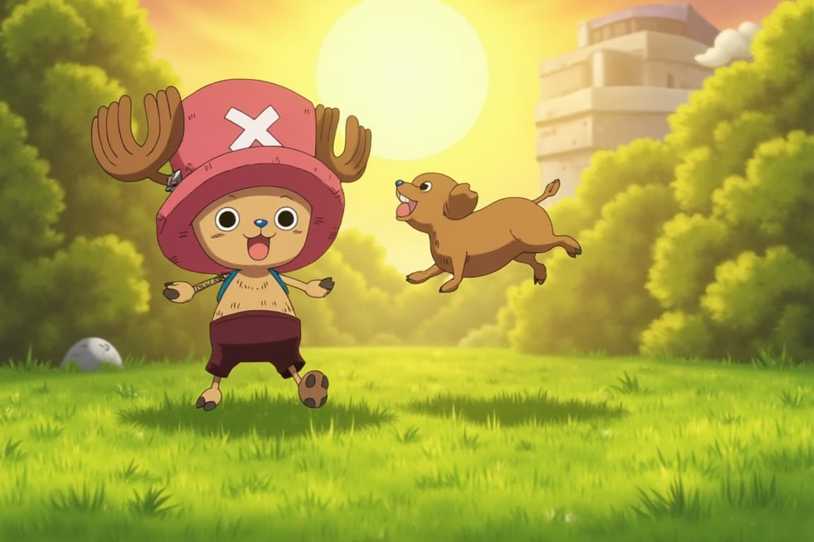 A warm sunlight casts a gentle glow on the lush green grass as Chopper, with his adventurous spirit shining bright, playfully tosses and catches a fluffy puppy in mid-air. The puppy's tail wags enthusiastically as it jumps and runs around Chopper's legs, creating a joyful atmosphere.,chopper