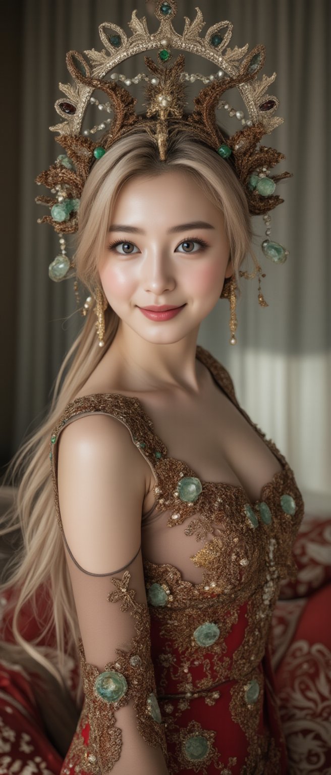 A stunning (Asian woman), wearing an opulent ancient Chinese empress costume,Her Slavic features, blue eyes and fair skin, contrast beautifully with the ornate Chinese attire, Elaborate headdress adorned with gold filigree, jade beads, and hanging pearls, Intricate phoenix crown with delicate golden leaves and gemstones,Layered silk robes in rich red and gold, embroidered with dragons and auspicious symbols, Wide, flowing sleeves with detailed embroidery, Ornate collar piece studded with precious stones,Long blonde hair partially visible beneath the headdress,Beautiful woman,Photorealistic, cinematic 