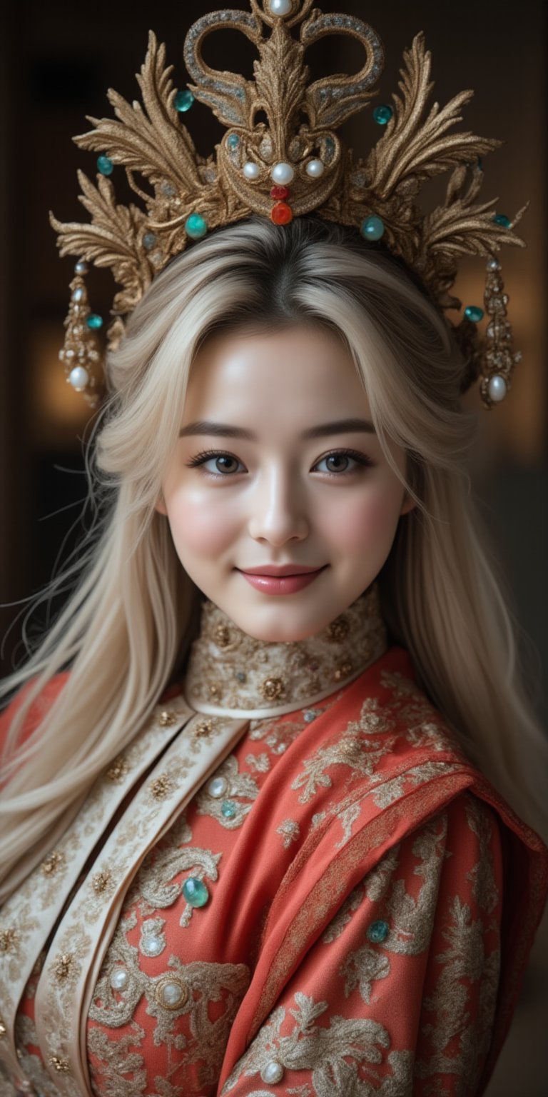 A stunning (Asian woman), wearing an opulent ancient Chinese empress costume,Her Slavic features, -blue eyes and fair skin, contrast beautifully with the ornate Chinese attire, Elaborate headdress adorned with gold filigree, jade beads, and hanging pearls, Intricate phoenix crown with delicate golden leaves and gemstones,Layered silk robes in rich red and gold, embroidered with dragons and auspicious symbols, Wide, flowing sleeves with detailed embroidery, Ornate collar piece studded with precious stones,Long blonde hair partially visible beneath the headdress,Beautiful woman,Photorealistic, cinematic 