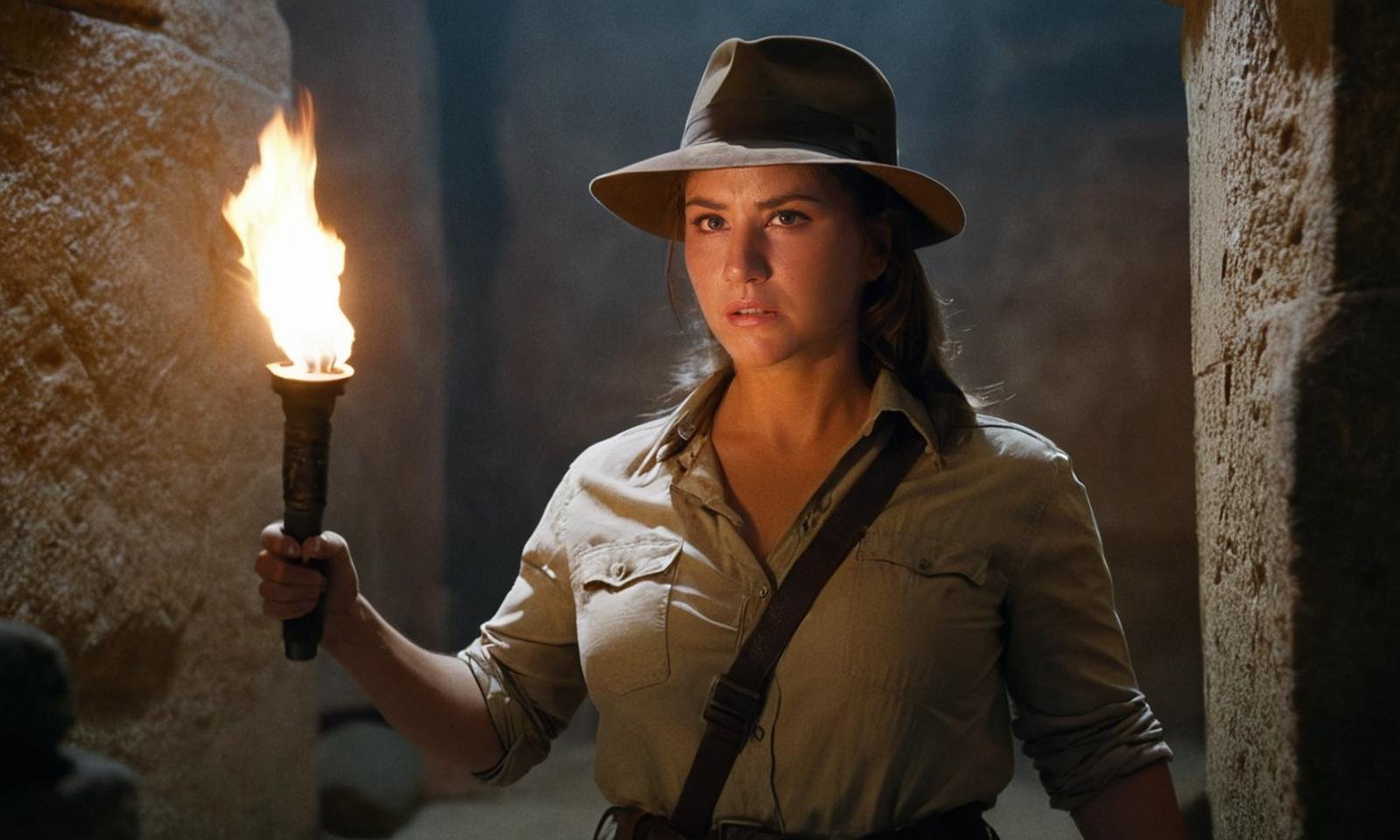 <lora:Beatrice_Egli_V7:1>, Generate a cinematic still frame inspired by the first Indiana Jones movie. A female adventurer, resembling a female Indiana Jones, holds a torch, illuminating an ancient tomb. The scene is filled with mysterious, ancient artifacts and detailed carvings on the walls. The lighting is warm and dramatic, casting dynamic shadows and highlighting her determined expression.