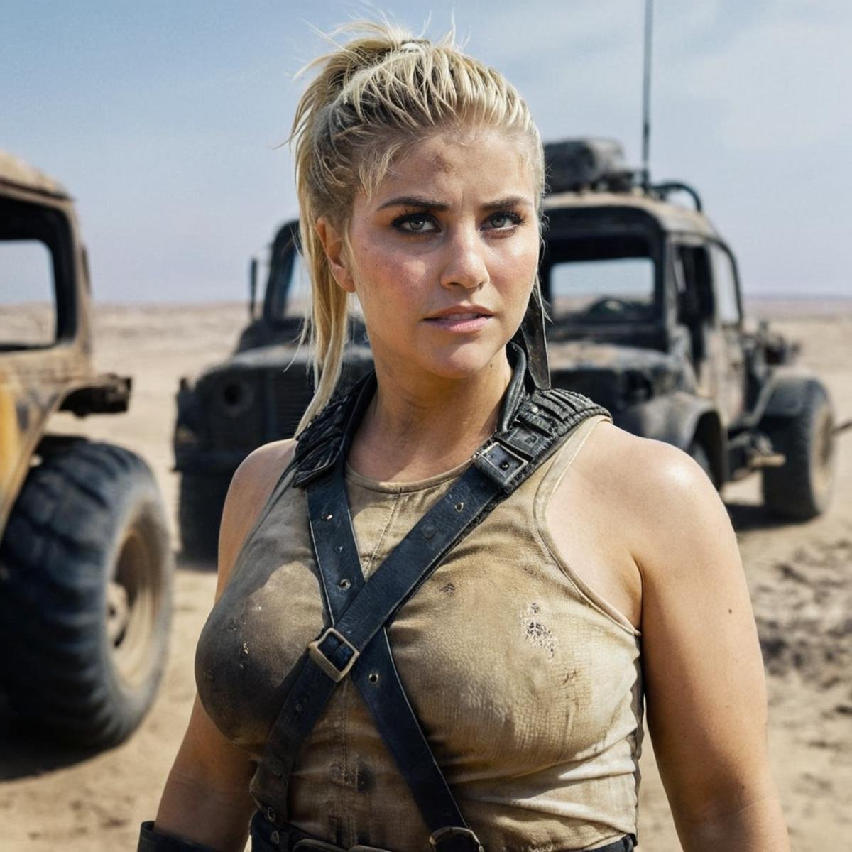 <lora:Beatrice_Egli_V7:1> Generate a cinematic still frame inspired by "Mad Max: Fury Road" (2015). Beatrice Egli portrays Furiosa with blonde hair in a ponytail, wearing a rugged outfit with a bald head, dirty face, and body. She stands confidently in a desolate, post-apocalyptic landscape, looking directly into the camera with a determined and intense expression. The setting is filled with dust and debris, characteristic of the movie's gritty atmosphere. The lighting is harsh and dramatic, casting deep shadows and enhancing the rugged texture of her appearance. Ensure high resolution to capture intricate details such as the rugged outfit, the gritty texture of her skin and clothing, and the barren landscape, maintaining the cinematic quality and intensity of the original scene.