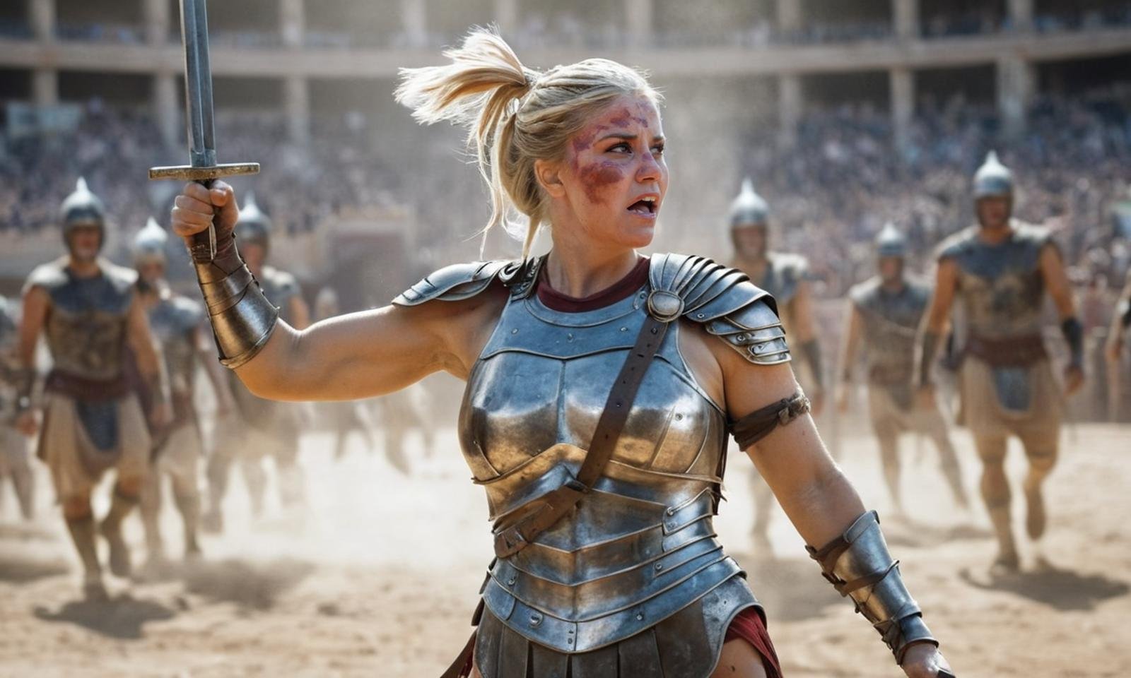 <lora:Beatrice_Egli_V7:1>, Generate a high-resolution, cinematic still frame inspired by the movie "Gladiator" (2000), featuring Beatrice Egli as a fierce female gladiator. She stands in the middle of a dusty arena, her full body visible in dynamic motion as she fights valiantly. Beatrice has blonde hair tied back in a ponytail, her expression fierce and determined. She is clad in authentic gladiator armor, complete with a shield and sword, reflecting the gritty and intense atmosphere of the scene. Dust swirls around her, and the crowd in the stands is blurred but visibly cheering. The lighting is dramatic, with sunlight filtering through the dust, casting intense shadows and highlights on her muscular form and armor. Ensure intricate details such as the texture of her armor, the dust particles in the air, and the intense expression on her face to capture the epic and visceral essence of a great movie scene.