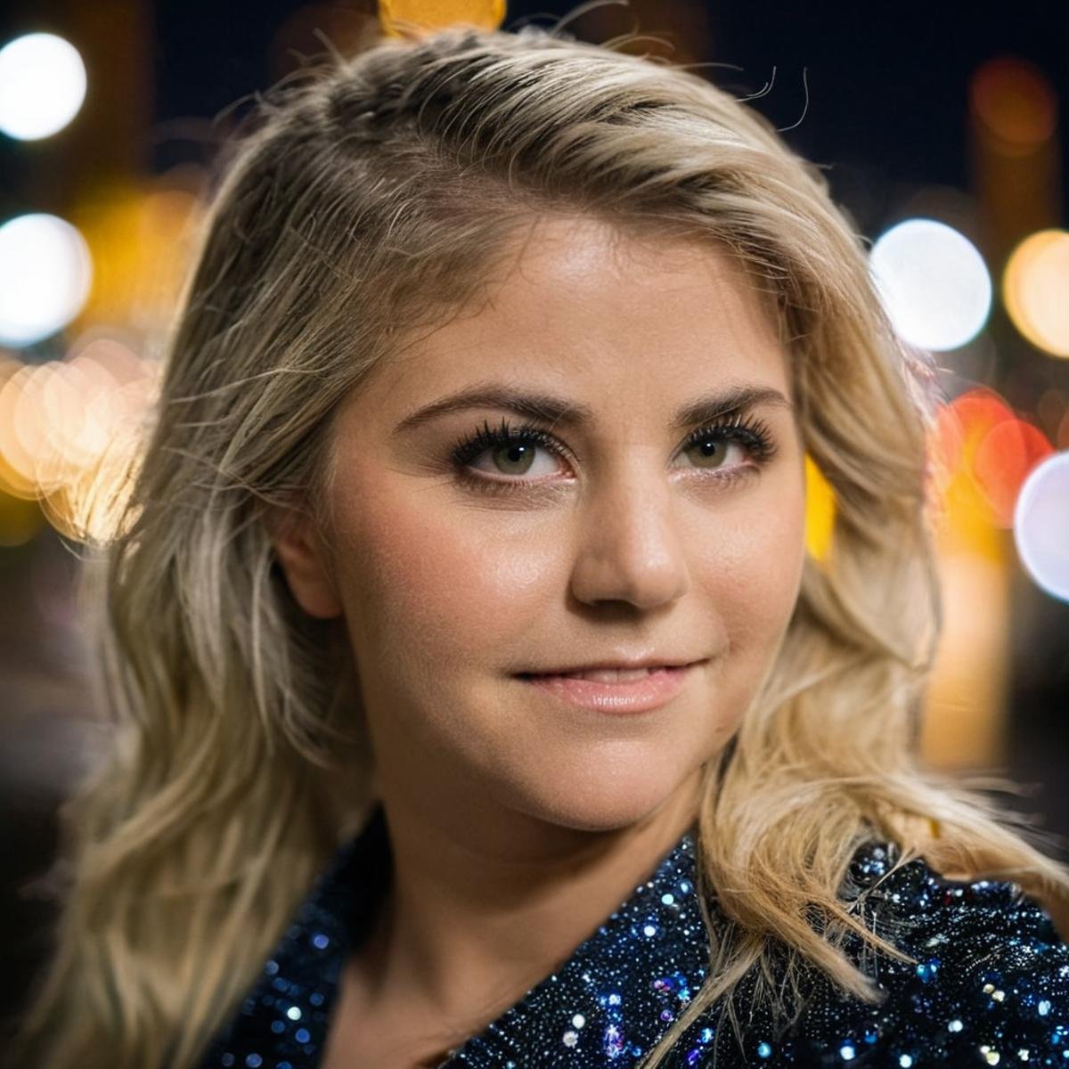 <lora:Beatrice_Egli_V7:1>, professional fashion close-up portrait photography of beatrice egli in the city at night, Nikon Z9, bokeh